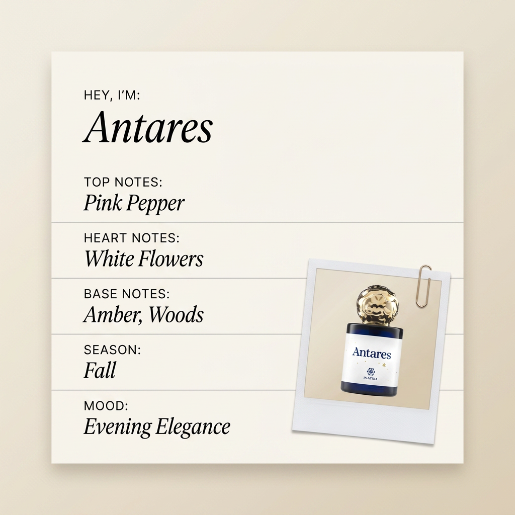 In Astra parfums Antares fragrance profile card